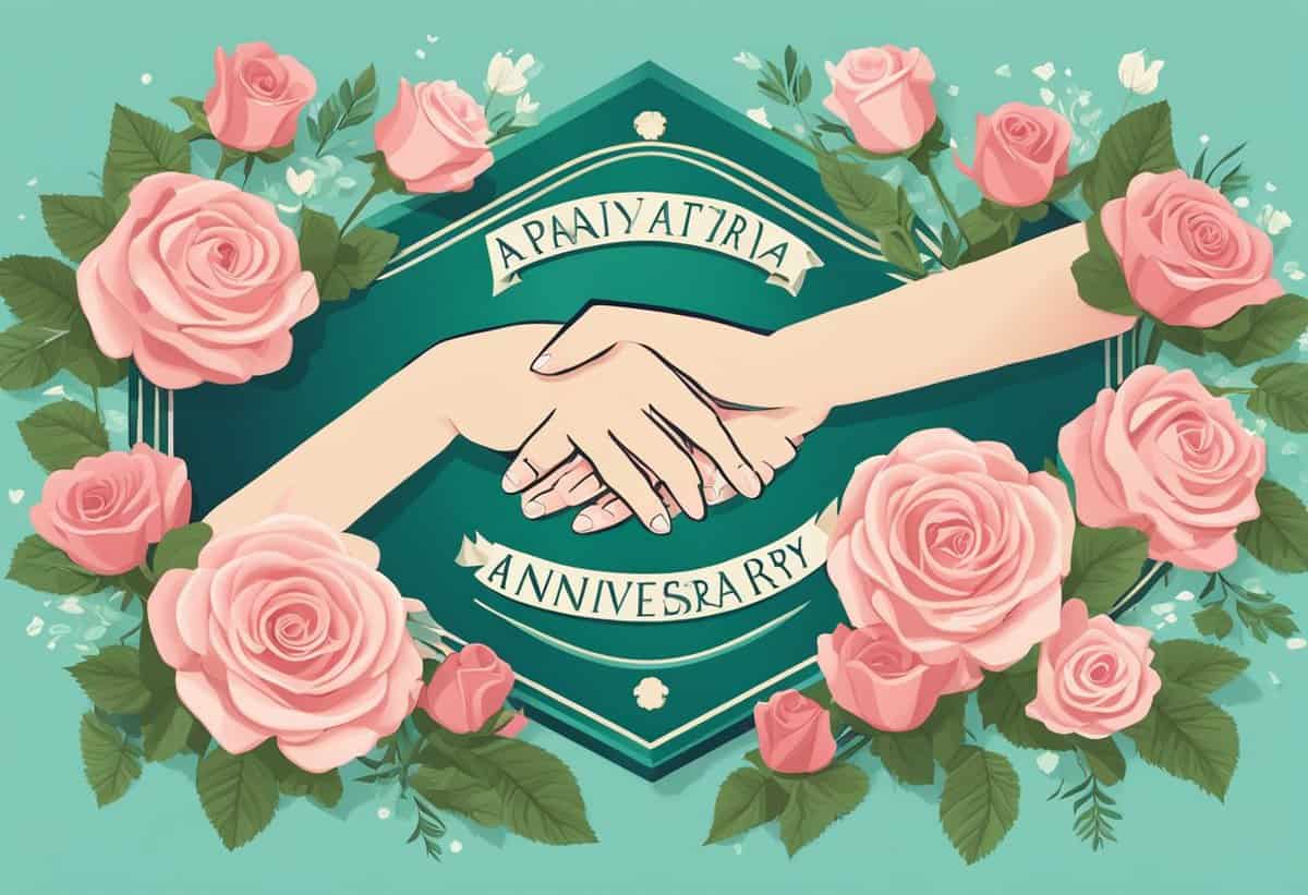 Two hands clasped in a handshake surrounded by roses and a banner with the word "anniversary" on a decorative emblem.