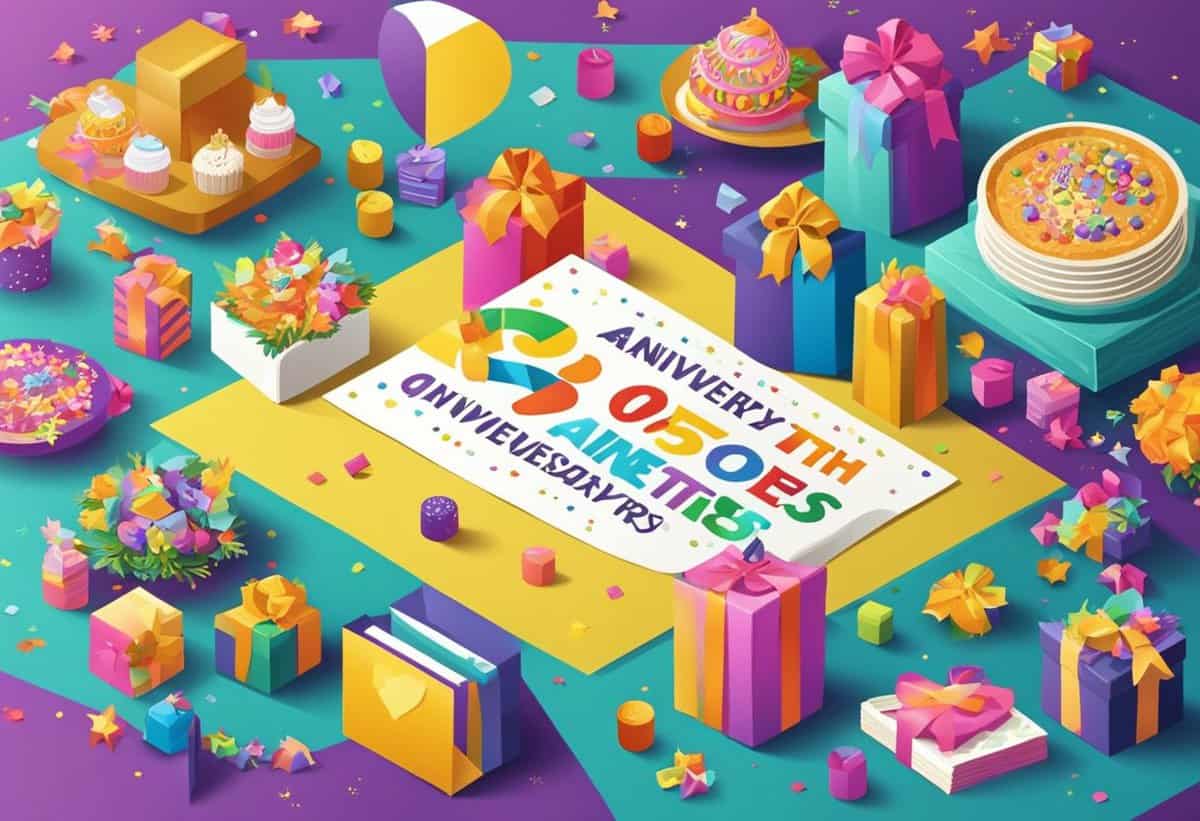 Colorful isometric illustration celebrating an anniversary event, featuring gifts, cakes, and confetti.