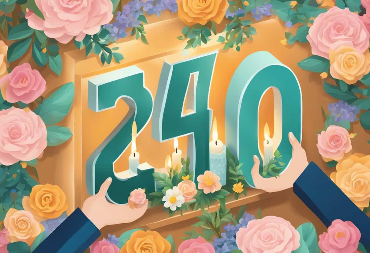 Illustration of hands holding a number "240" surrounded by flowers and candles.
