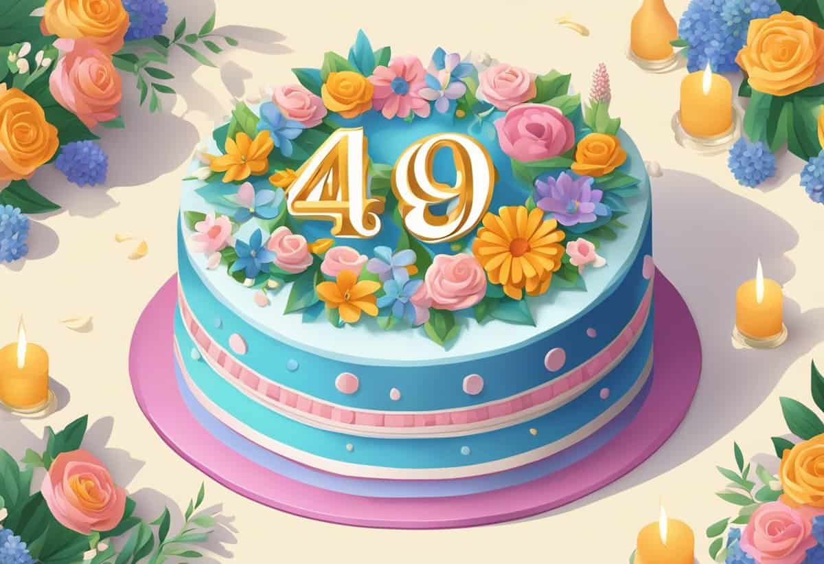 A colorful 49th birthday cake decorated with flowers and candles on a festive background.