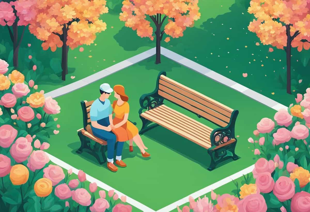 Two people sitting on a park bench surrounded by blooming trees and rose bushes.