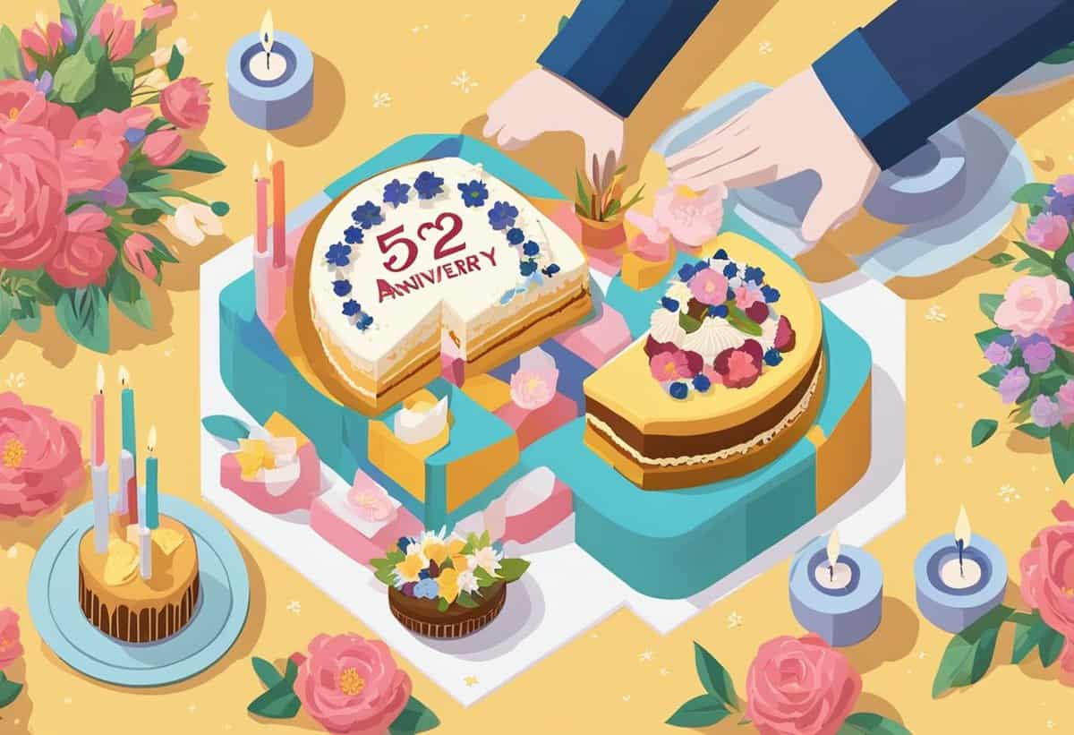 A colorful illustration of hands decorating a 52nd-anniversary cake amidst a festive setup with flowers and candles.