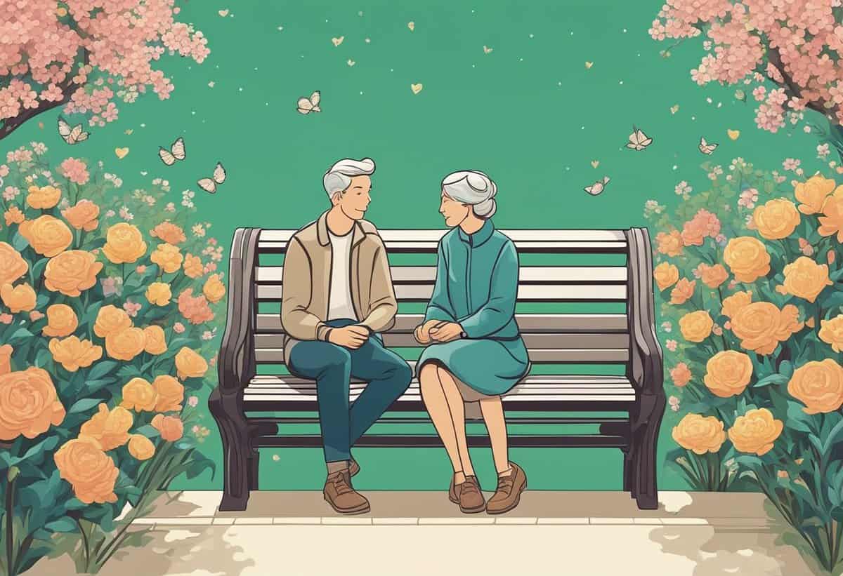 An elderly couple sitting on a park bench surrounded by blooming flowers and butterflies.