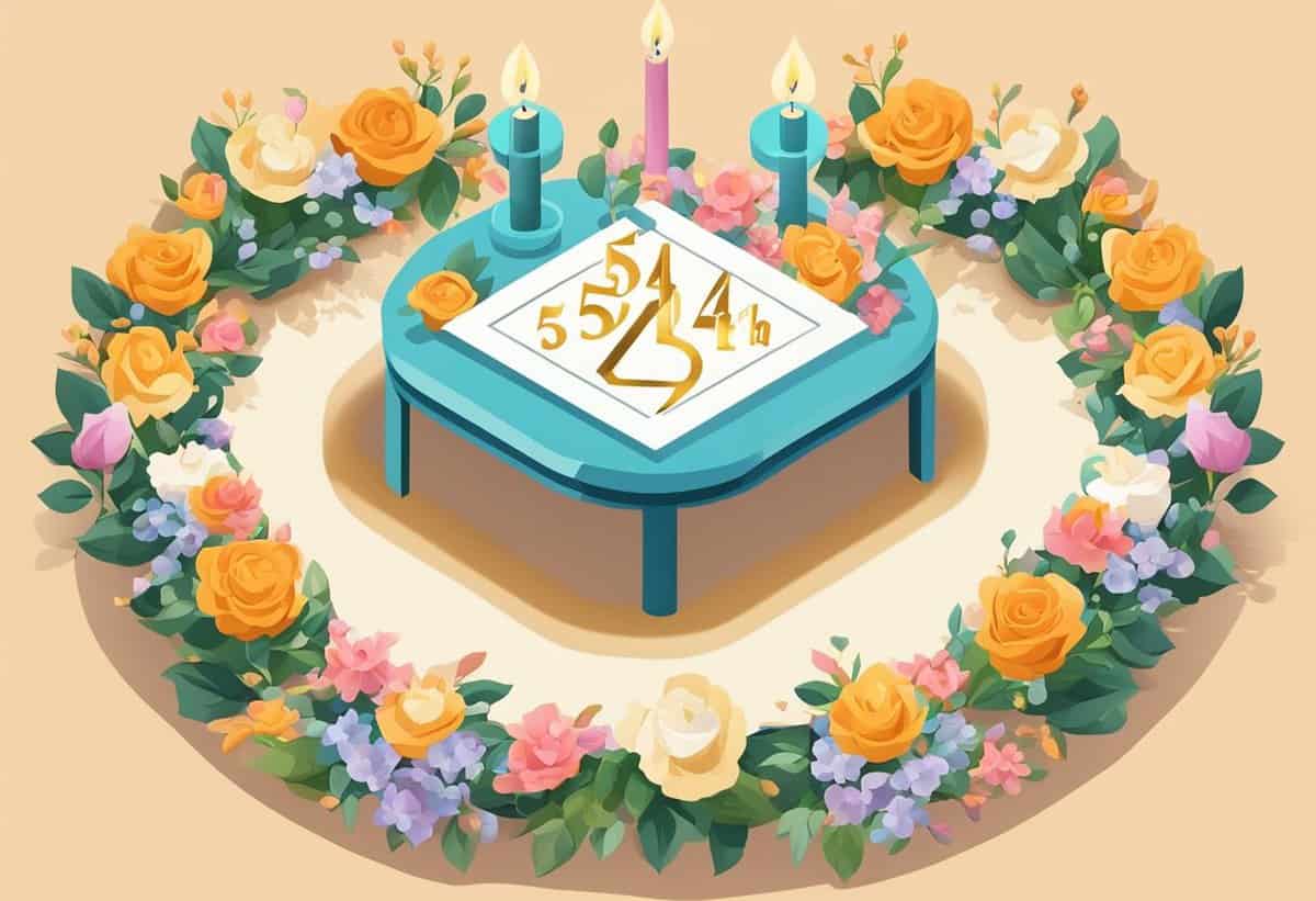 A festive illustration of a 54th birthday celebration, featuring a cake with candles surrounded by a floral arrangement.