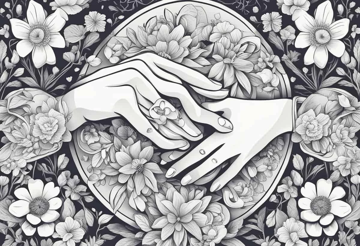 Monochromatic illustration of two hands in a gentle hold surrounded by floral patterns within a circular border.