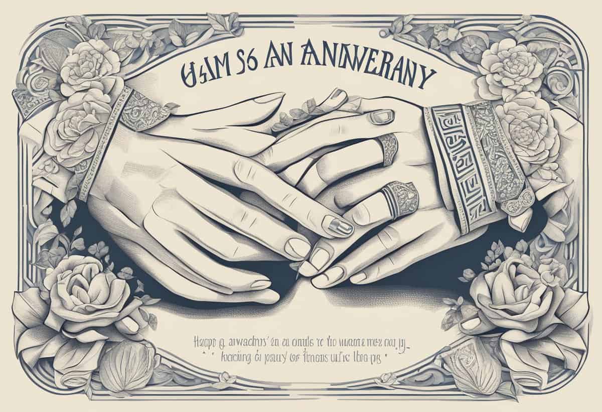 Illustration of two hands joined, one adorned with a bracelet and rings, encircled by flowers with a banner that reads "6th anniversary" and an inscription celebrating a harmonious union.