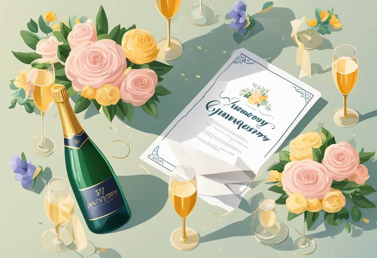 A celebratory table setting with champagne, glasses, and flowers surrounding an anniversary certificate.