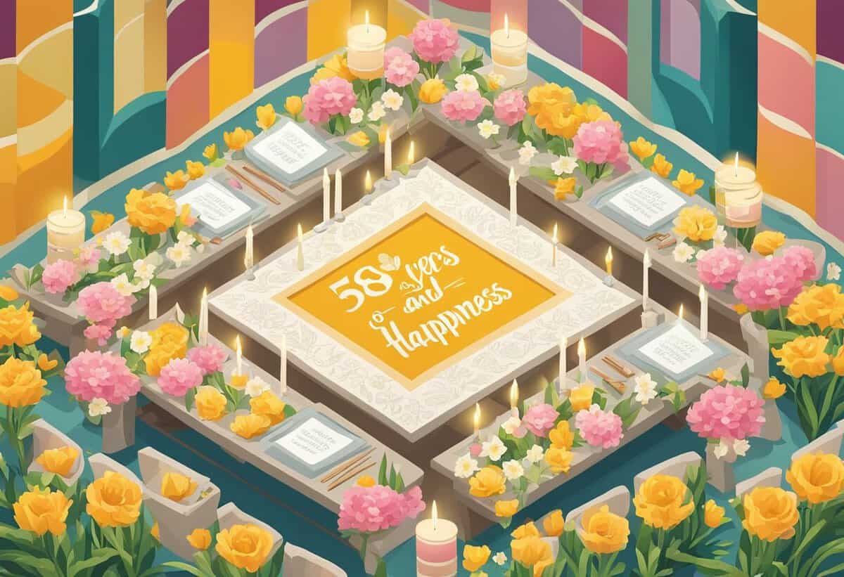 Hexagonal anniversary celebration setup with flowers, candles, and a central plaque stating "58 years of happiness.
