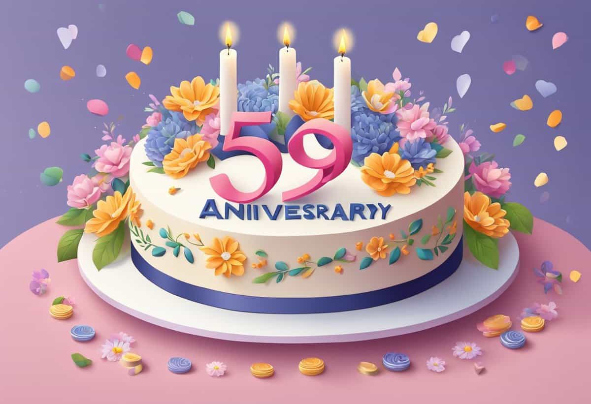 A colorful and decorative cake celebrating a 59th anniversary with flowers and candles.