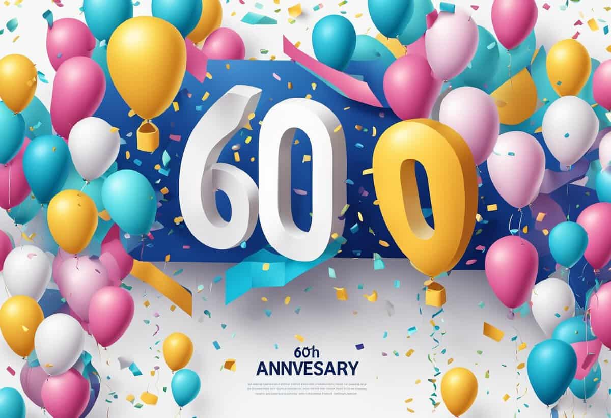 Colorful celebration banner for a 60th anniversary with balloons and confetti.