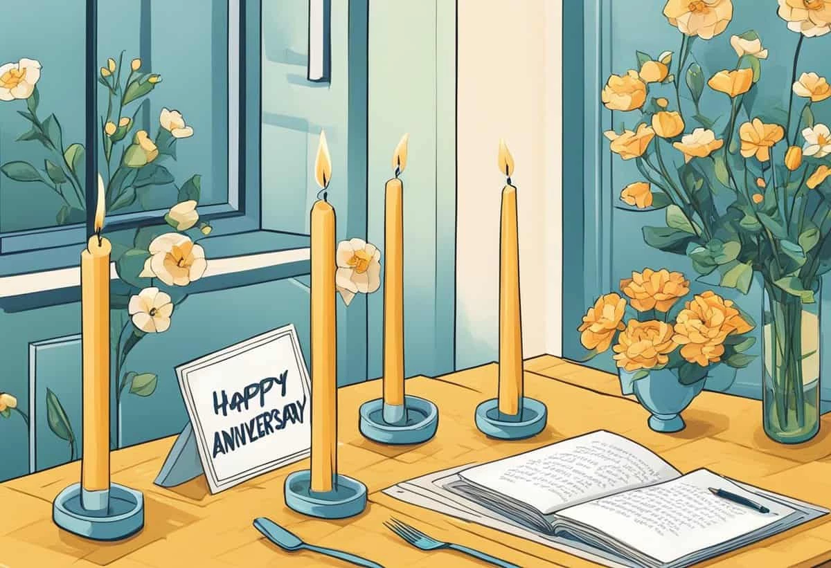 A cozy anniversary celebration setup with lit candles, a greeting card, and an open book on a table near a window with a view of orange flowers.