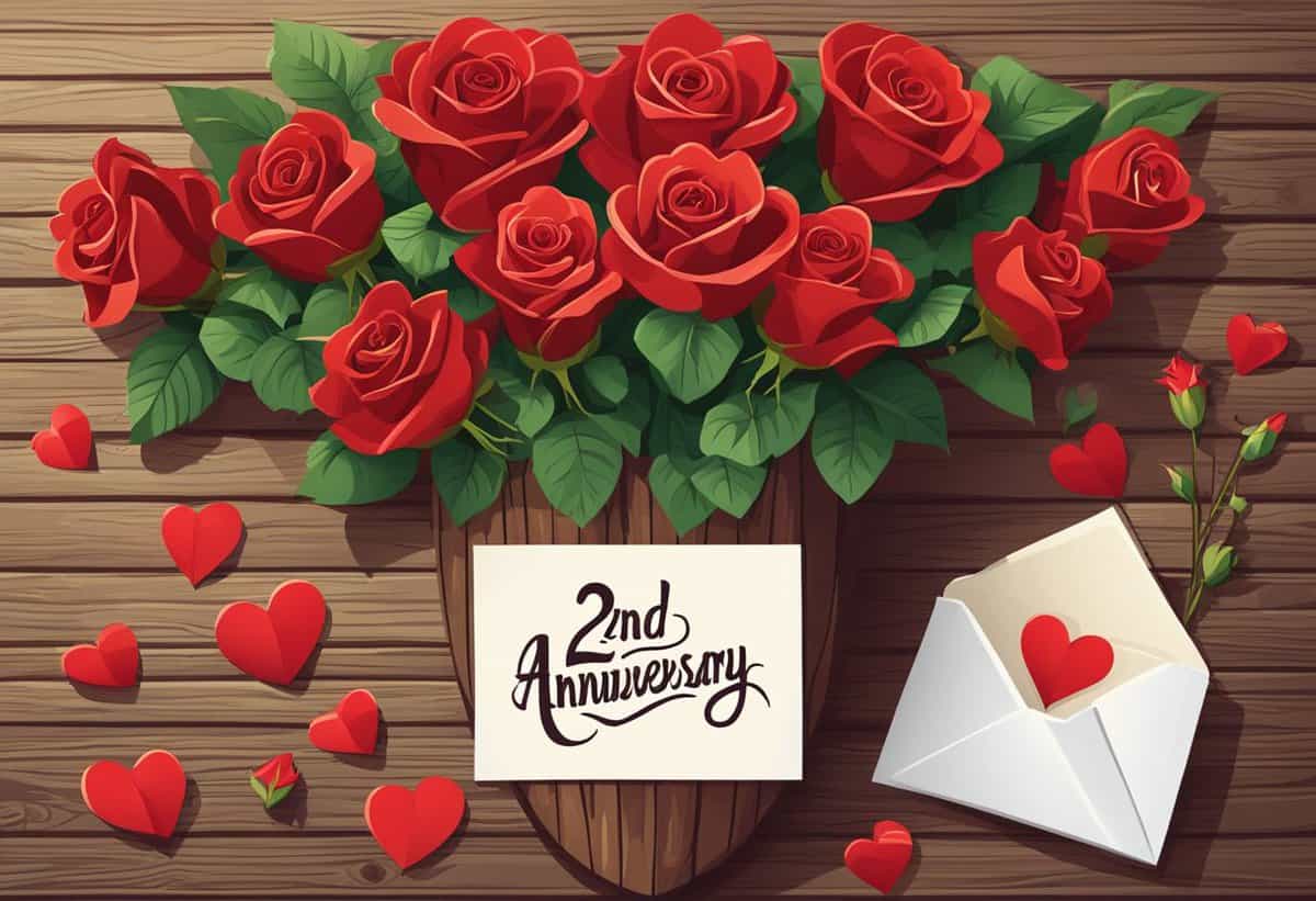 A bouquet of red roses in a vase with a "2nd anniversary" note, accompanied by an envelope and heart-shaped petals on a wooden surface.
