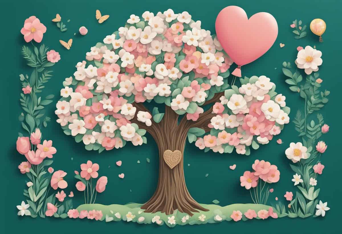 Illustration of a whimsical tree adorned with pink and white flowers, surrounded by additional plants and butterflies, with a heart-shaped balloon floating nearby.