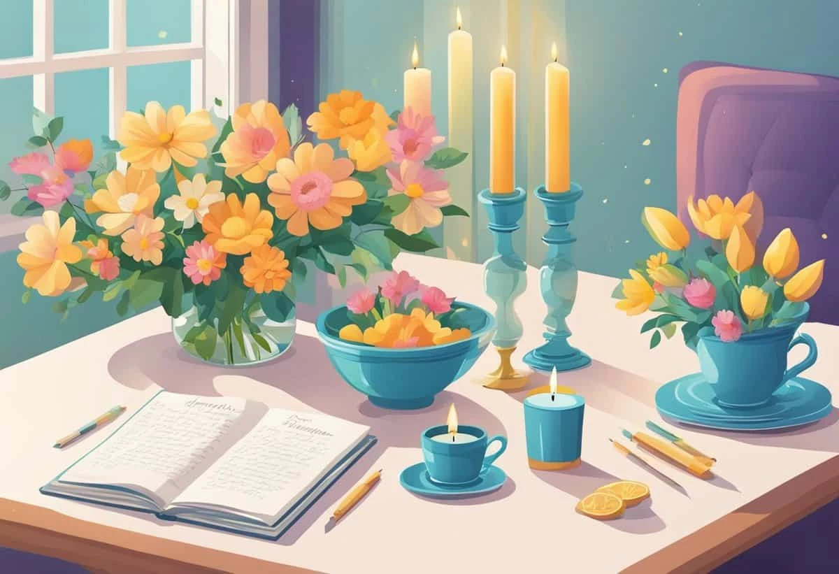 A cozy workspace with a floral arrangement, lighted candles, a cup of tea, and an open journal.