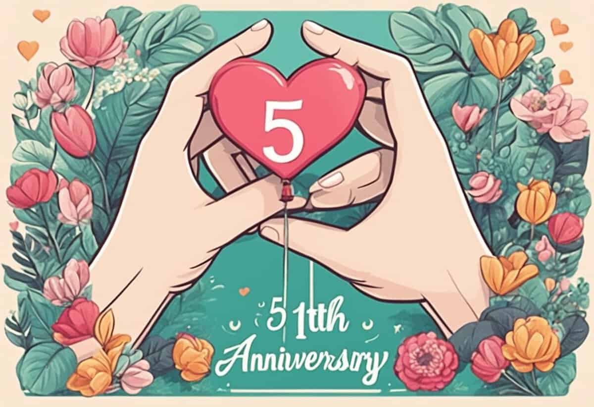 Hands holding a heart-shaped balloon with the number 5, celebrating a 5th anniversary, surrounded by floral elements.