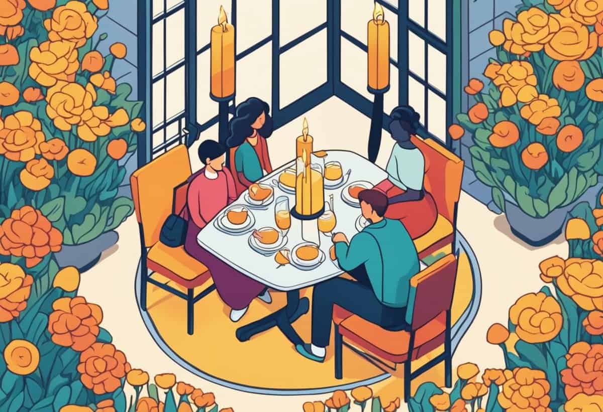 Four people enjoying a meal together at a table surrounded by orange flowers and tall candles.