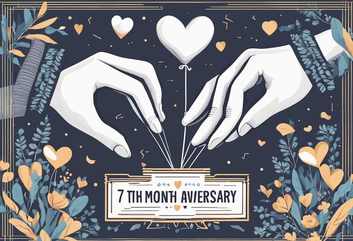 Illustration of two hands holding strings attached to a heart-shaped balloon above a "7th month anniversary" sign, surrounded by floral and heart motifs.