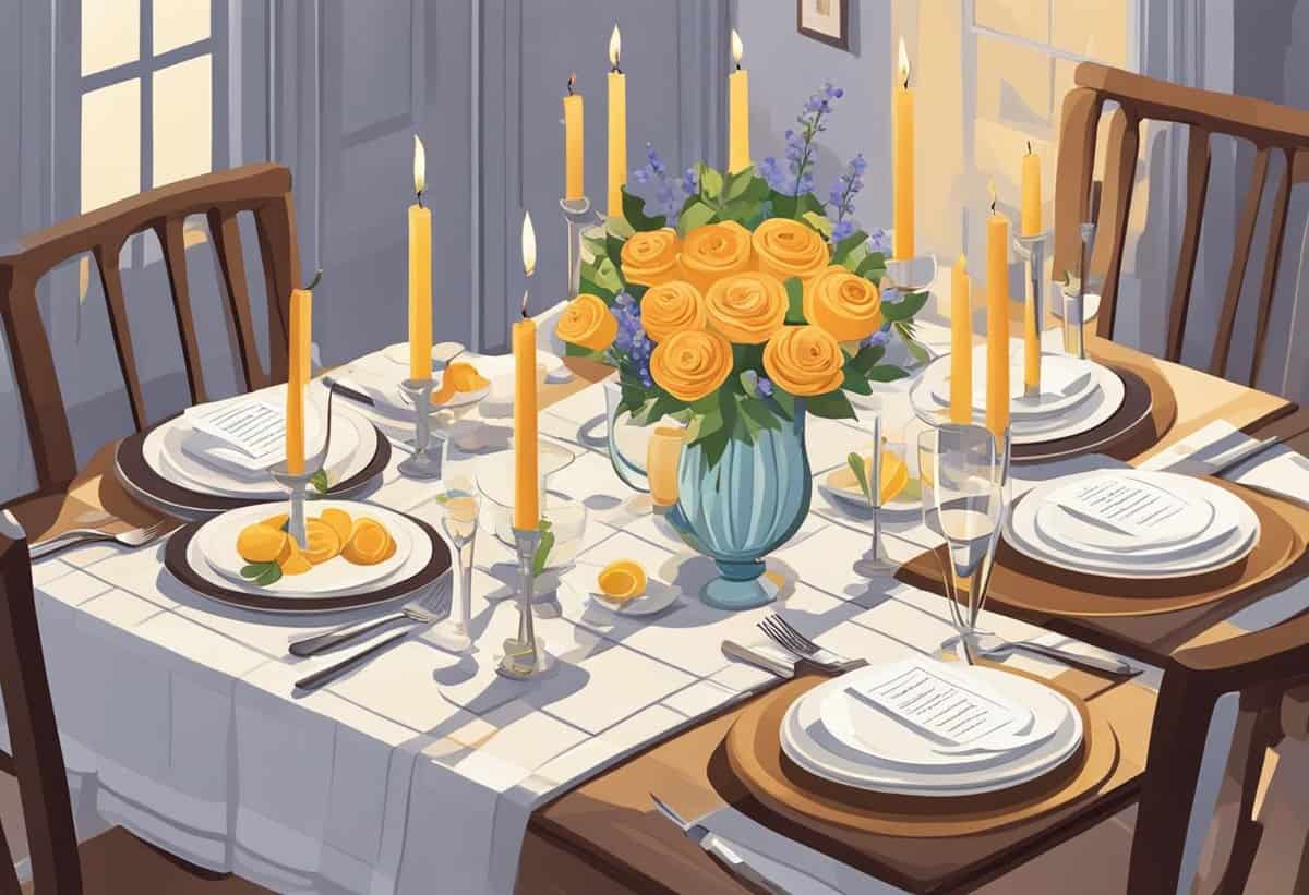 Elegant dining table set for four with lit candles, a bouquet of roses, and plates with orange slices.