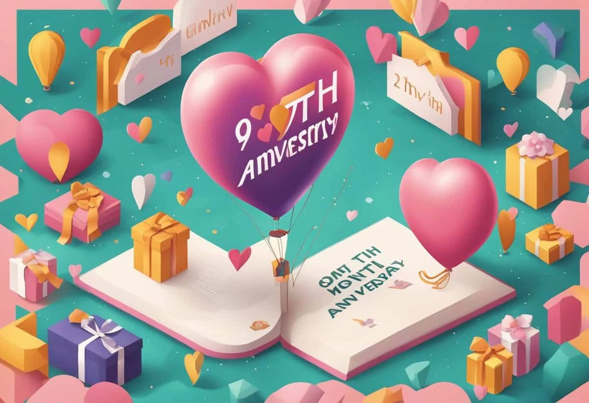 90th anniversary celebration theme with heart-shaped balloons, gifts, and books on a colorful geometric background.