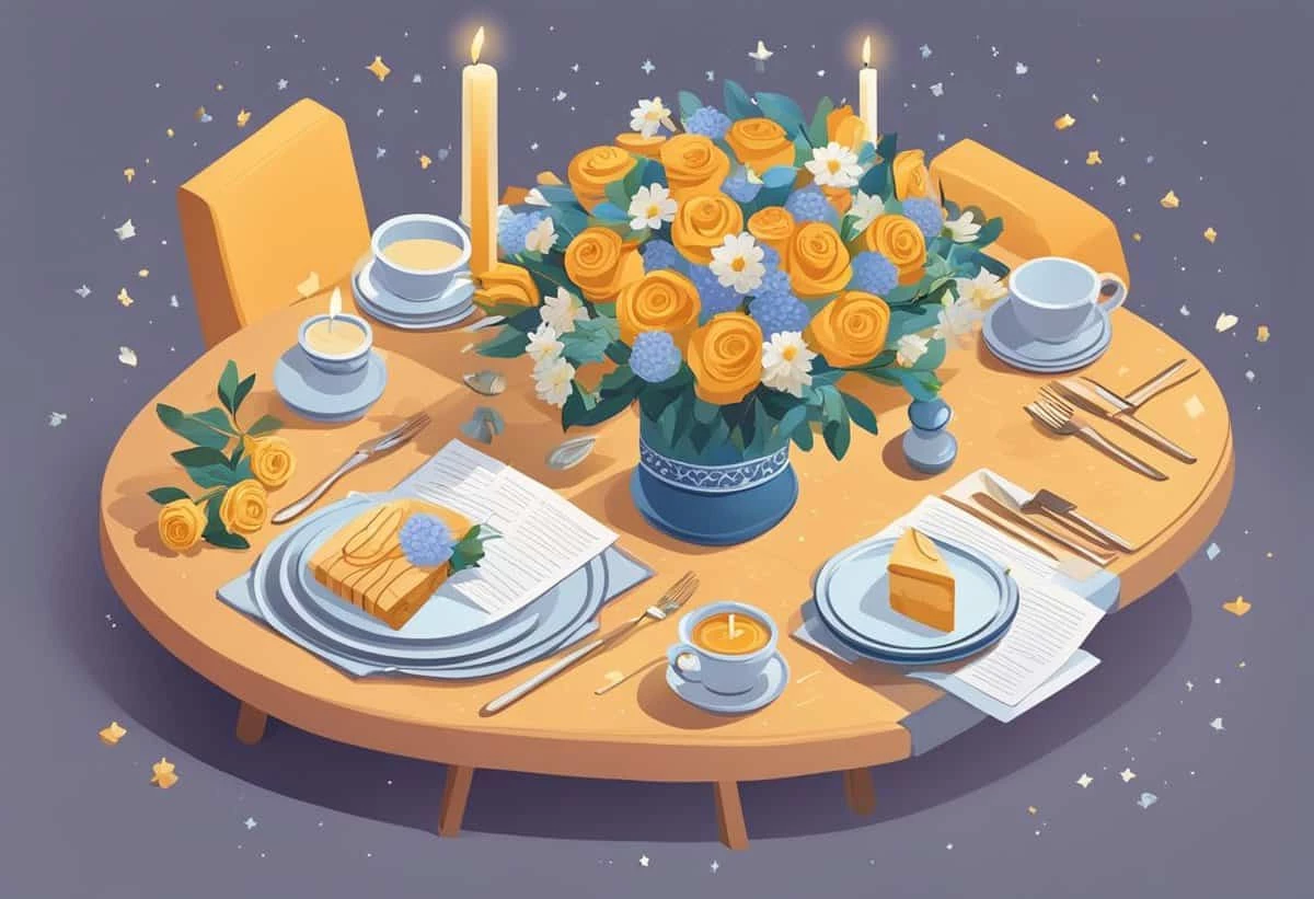 Elegant dining table setup with floral centerpiece, candles, and a meal for two.