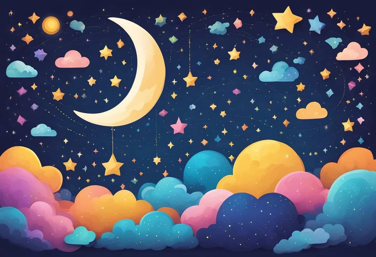 Colorful illustration of a whimsical night sky with a crescent moon, stars, and fluffy clouds.