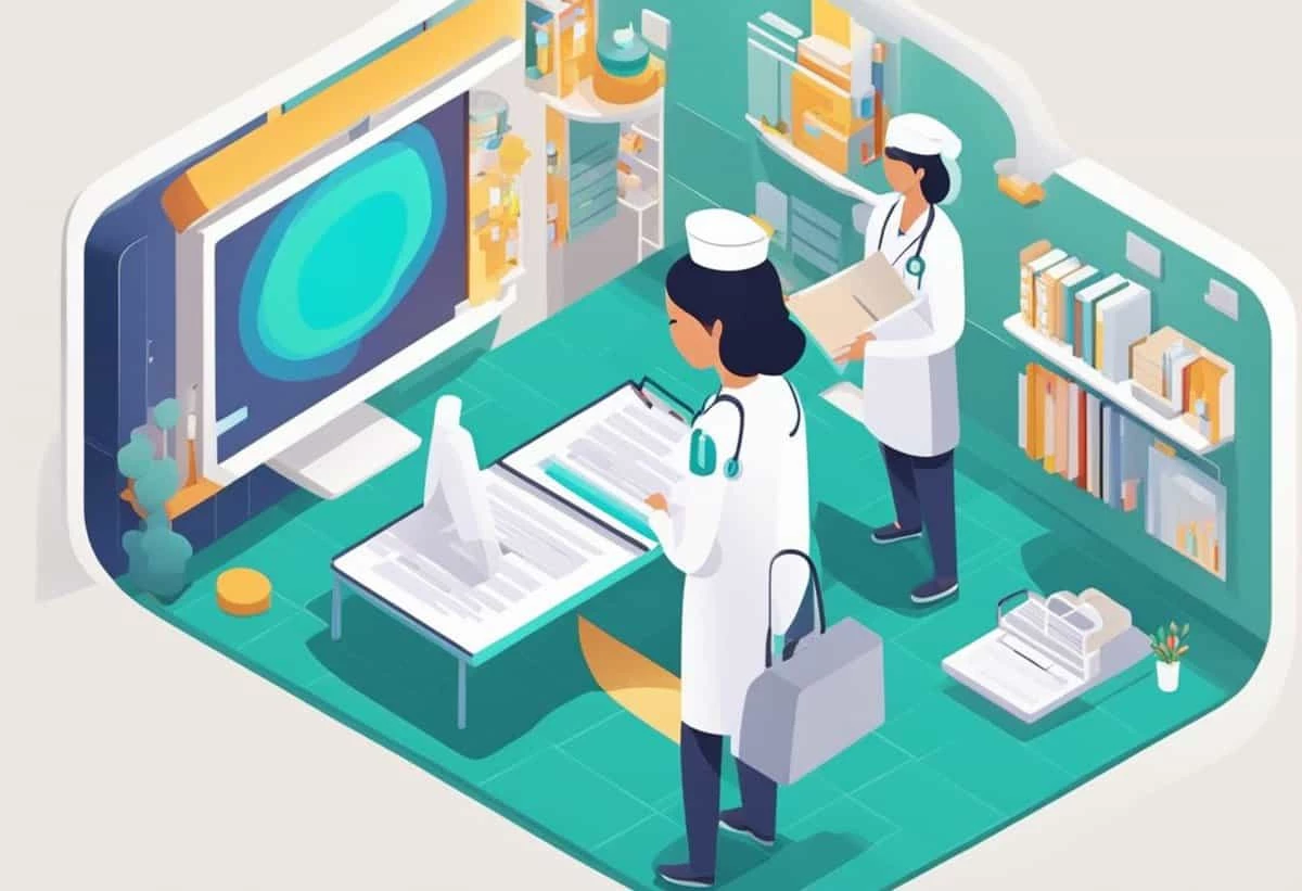 Illustration of medical professionals in a high-tech virtual healthcare environment.
