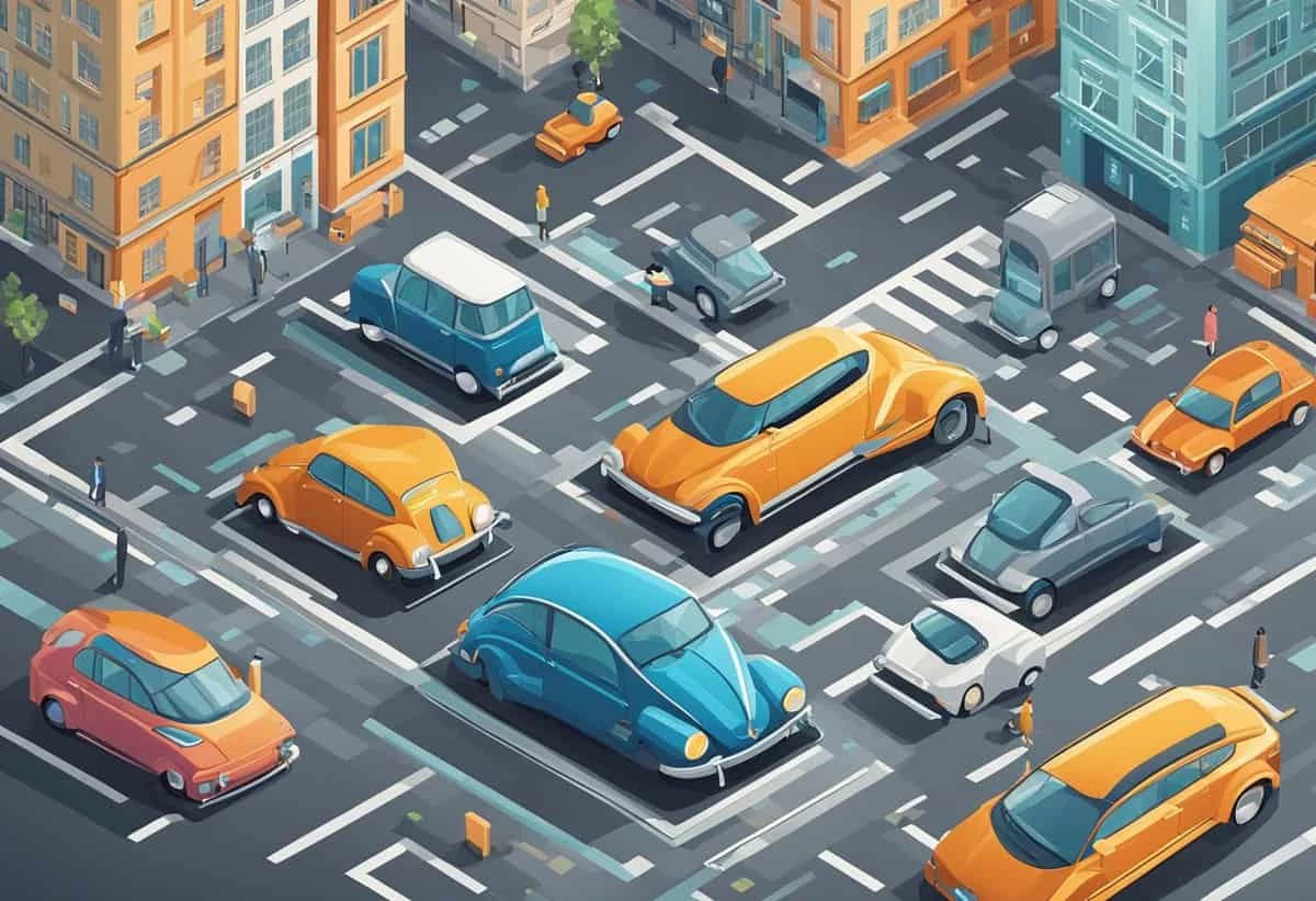 Isometric view of a busy city intersection with colorful vehicles.