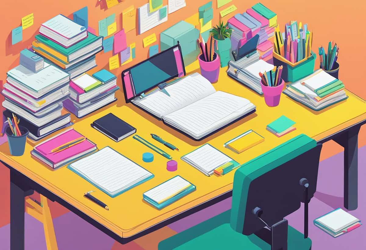 Colorful, organized workspace with stacks of books, stationery, and digital devices.