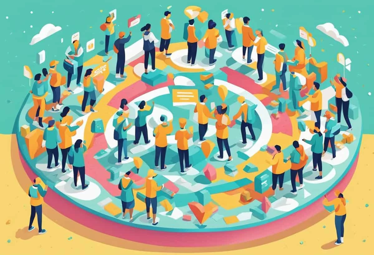 An illustrated depiction of a diverse group of people engaging in various activities on a colorful, circular infographic-like platform with different levels.