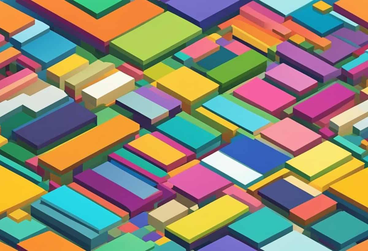 A colorful isometric illustration of a 3d abstract pattern composed of variously sized blocks.