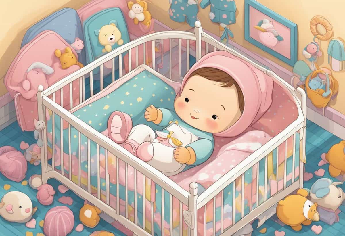 A baby in a pink hoodie lying in a crib surrounded by plush toys in a warmly colored nursery.