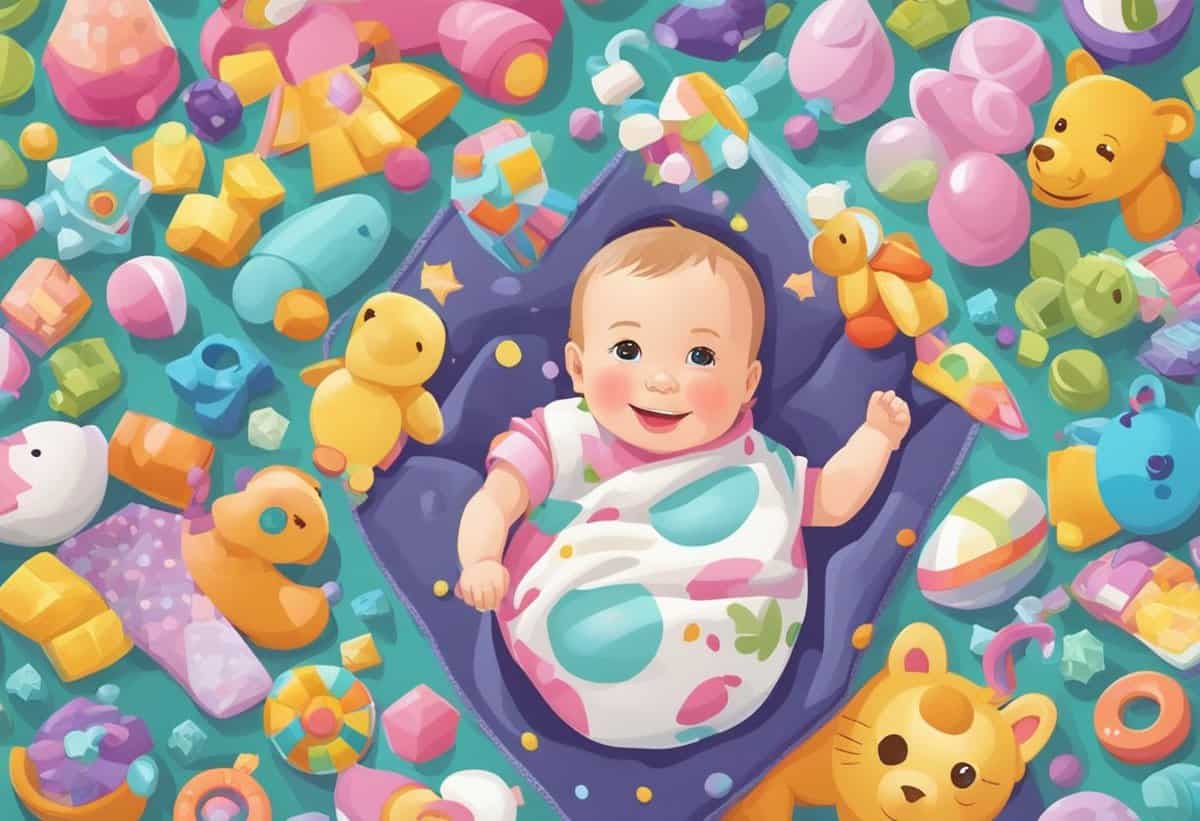 A joyful baby surrounded by colorful toys.