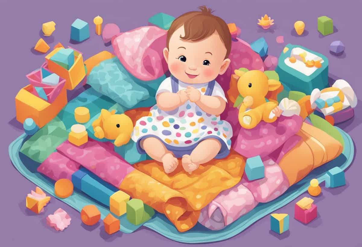A cheerful baby sits among colorful toys and soft cushions on a play mat.