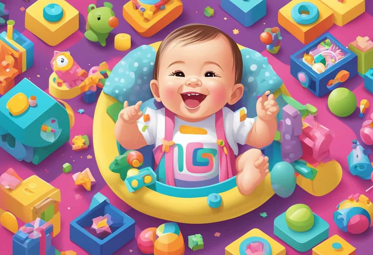 A cheerful baby surrounded by colorful toys and sitting in a yellow ring.