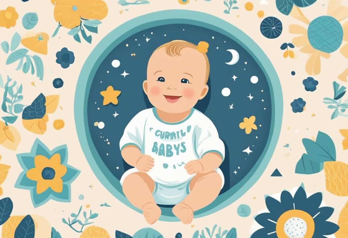 Illustration of a smiling baby surrounded by a whimsical floral and celestial motif.