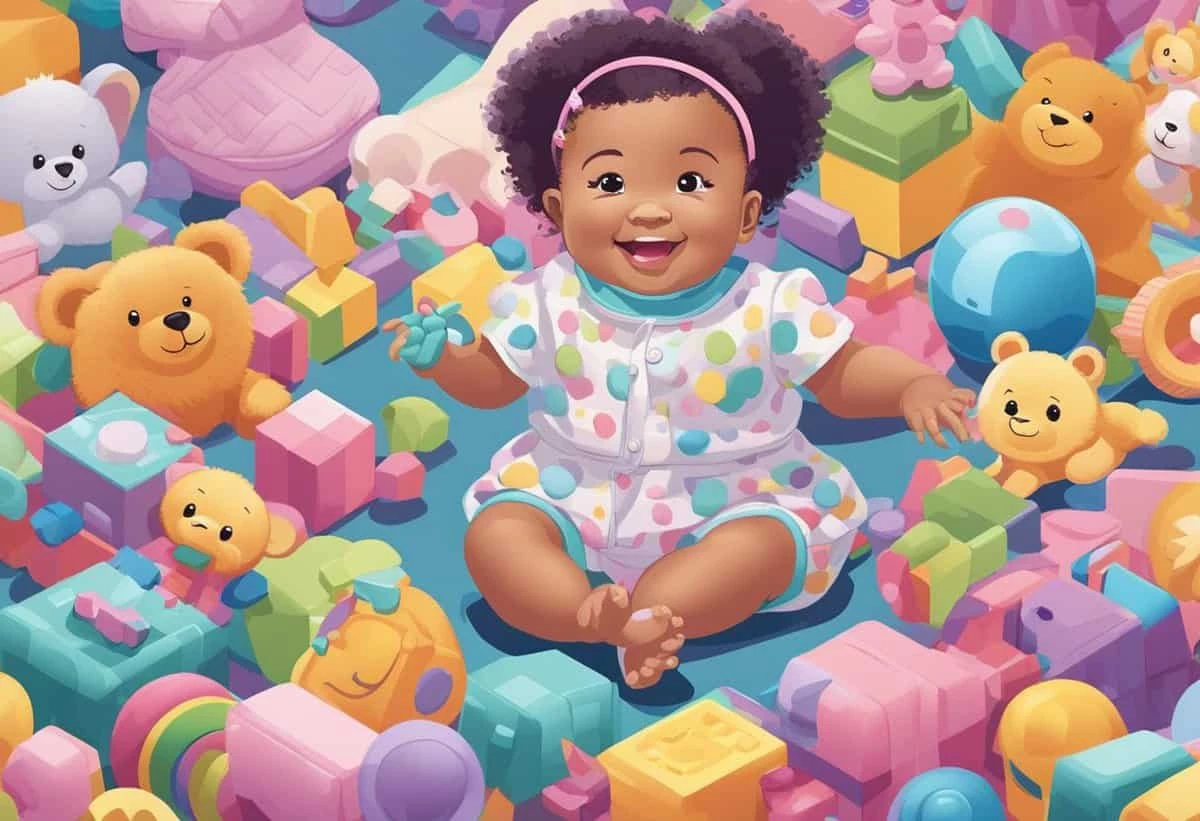 A joyful baby surrounded by colorful toy blocks and teddy bears.