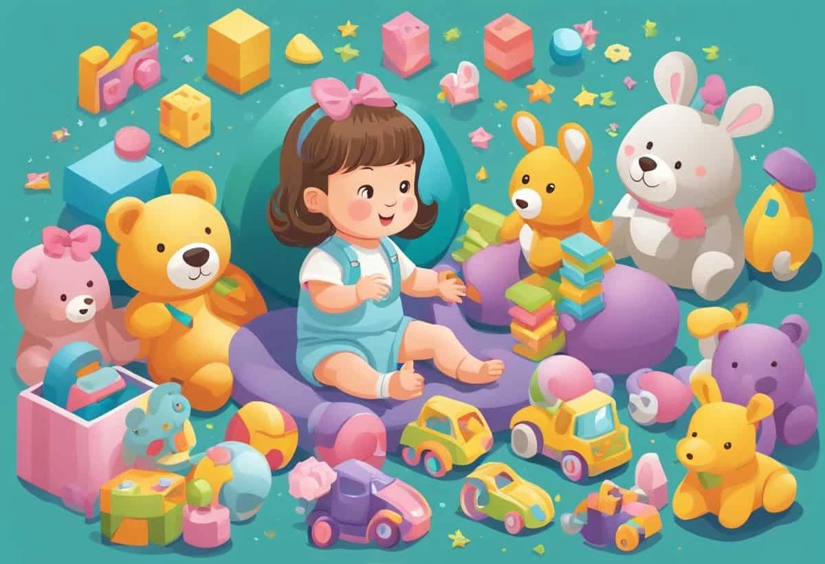 A child surrounded by colorful toys and stuffed animals, engaging in playtime on a teal background.