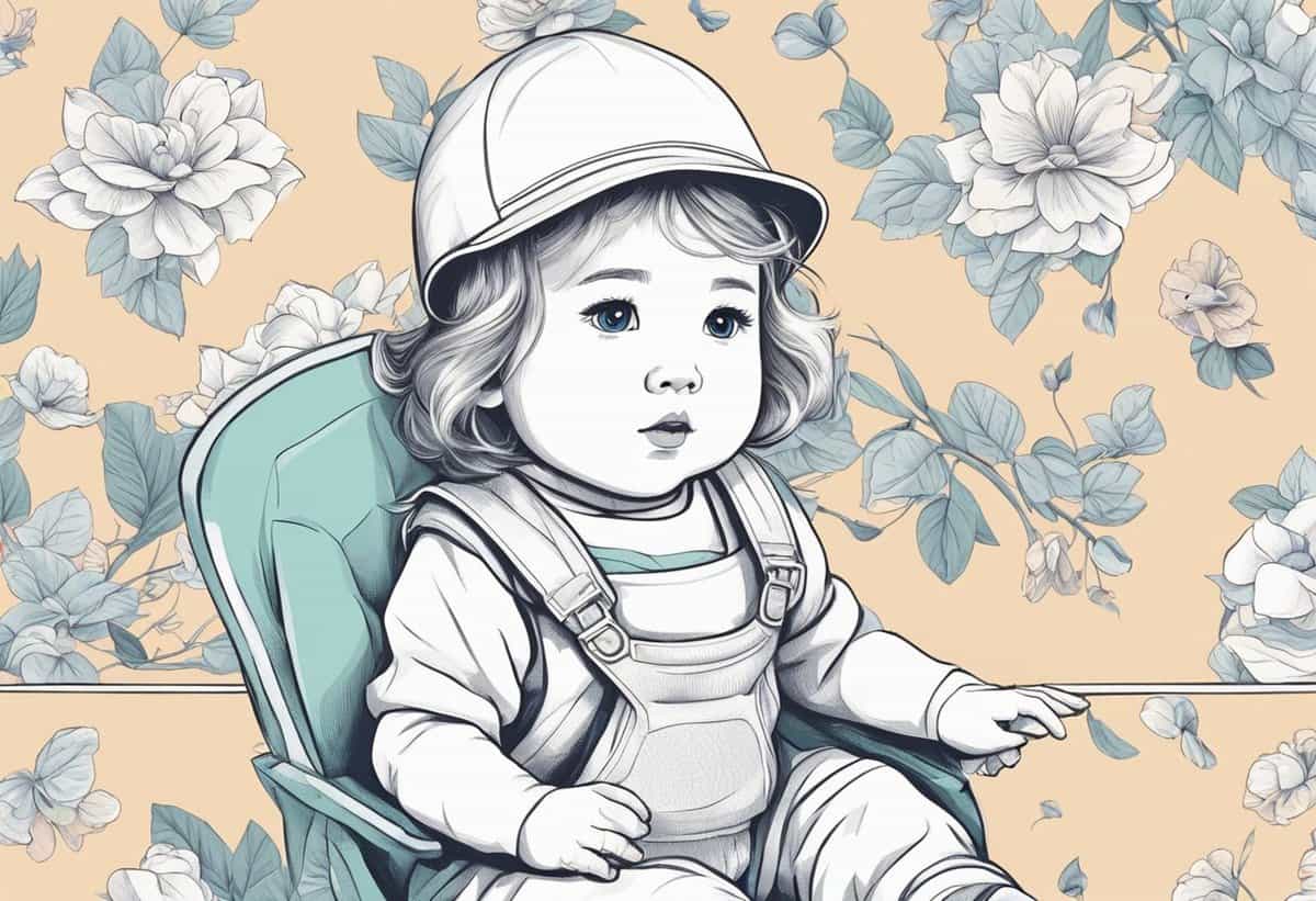Child in a cap seated against a floral backdrop.