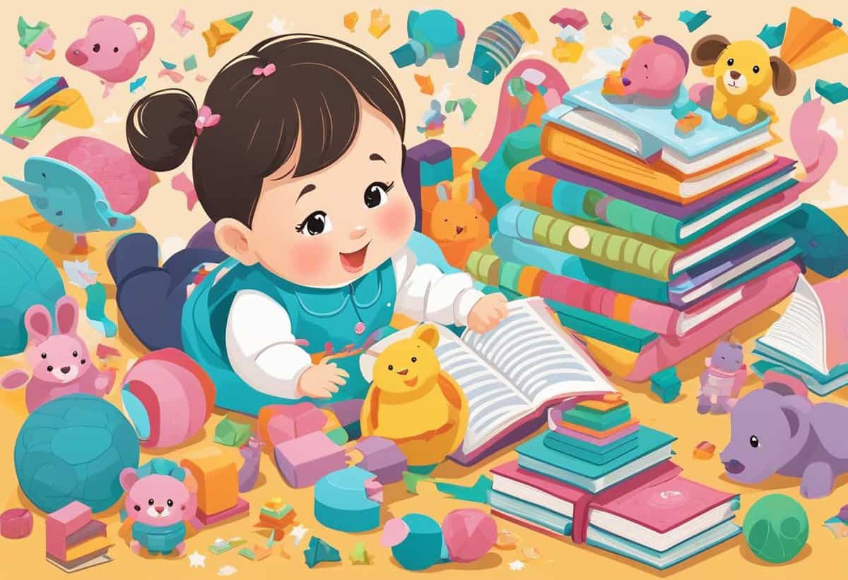 A cheerful child reading a book surrounded by colorful toys and stacked books.