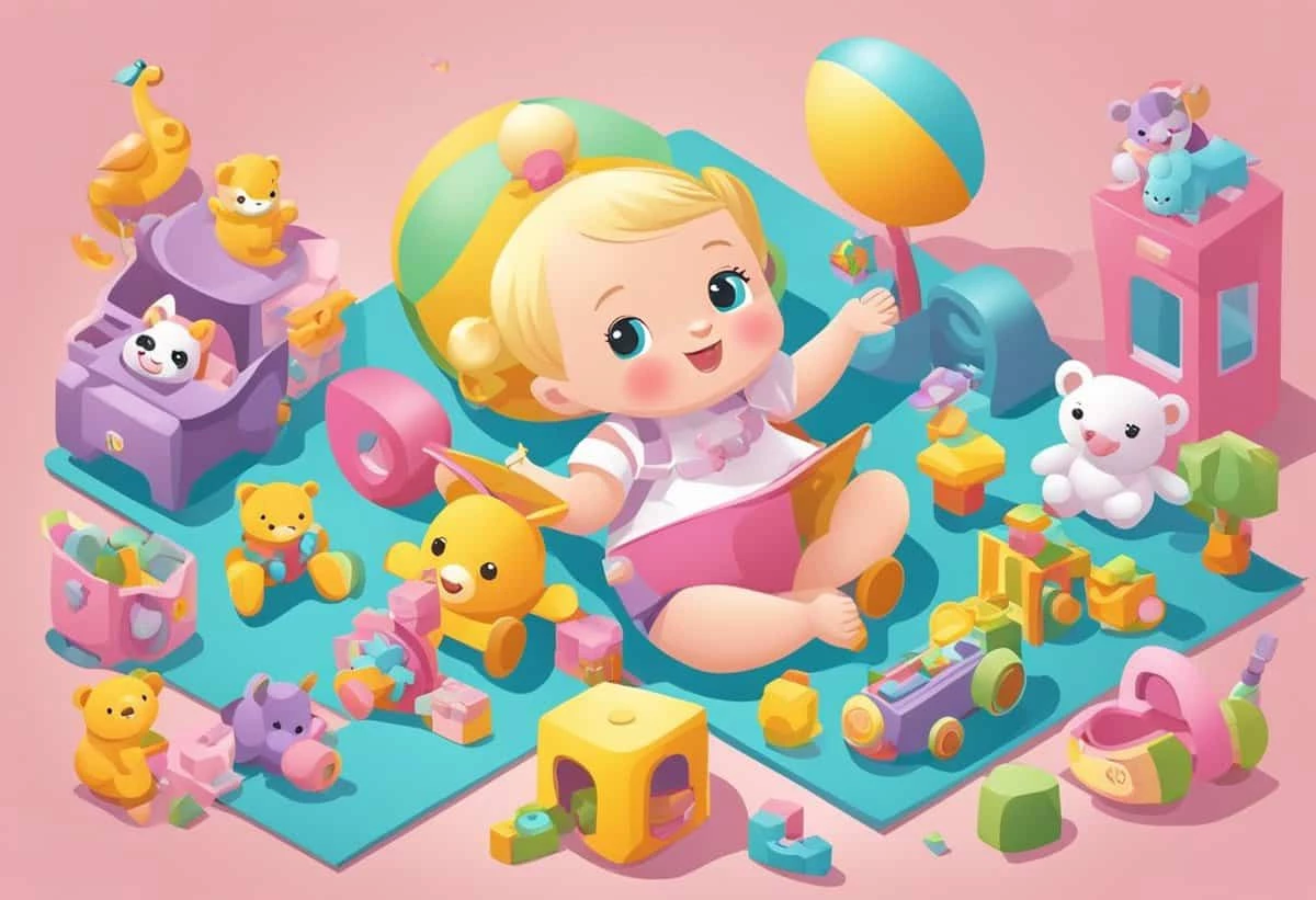 A cheerful illustration of a baby playing with a variety of colorful toys on a pink background.