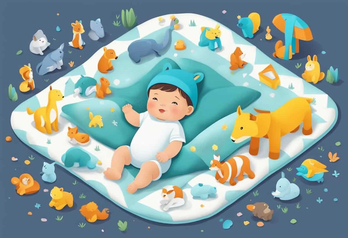 A smiling baby lies on a blanket surrounded by a variety of illustrated plush toy animals.
