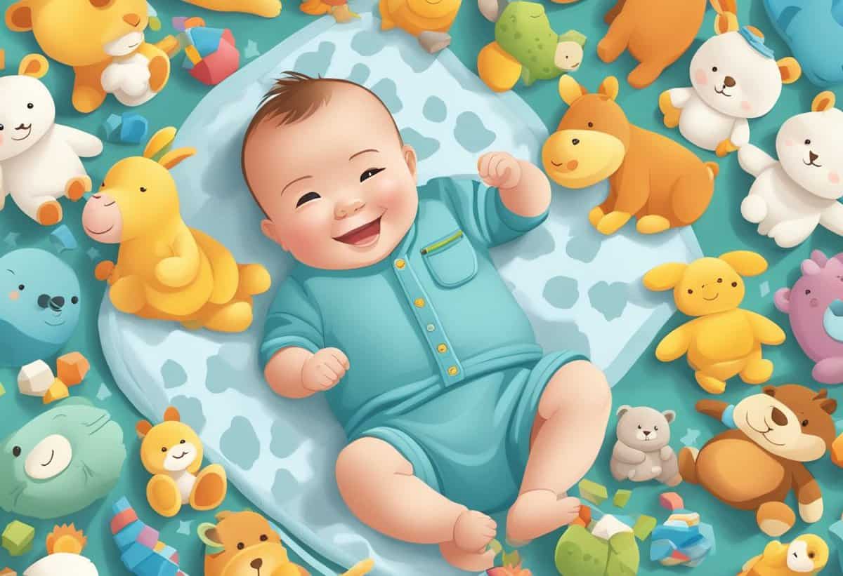 A cheerful baby surrounded by colorful stuffed animal toys.