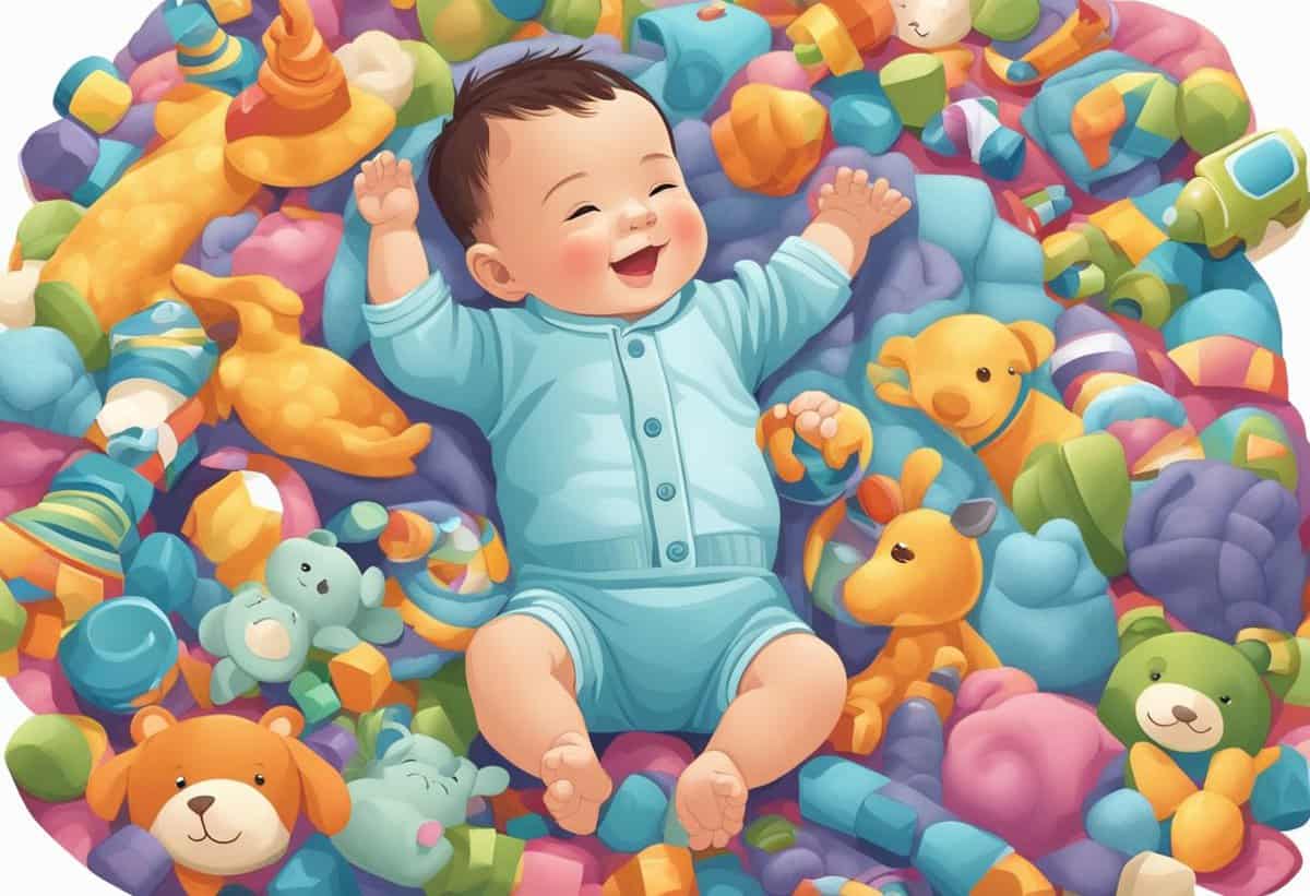 A joyful baby surrounded by an assortment of colorful plush toys.