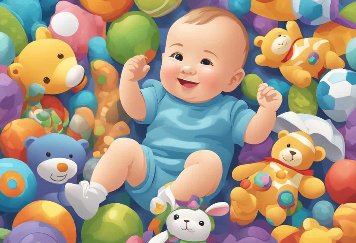 A smiling baby surrounded by colorful soft toys and balls.