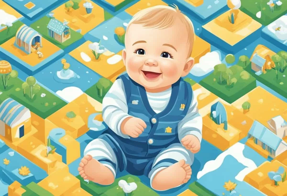 A cheerful baby superimposed on a colorful illustrated background featuring patterned tiles with various scenes and objects.