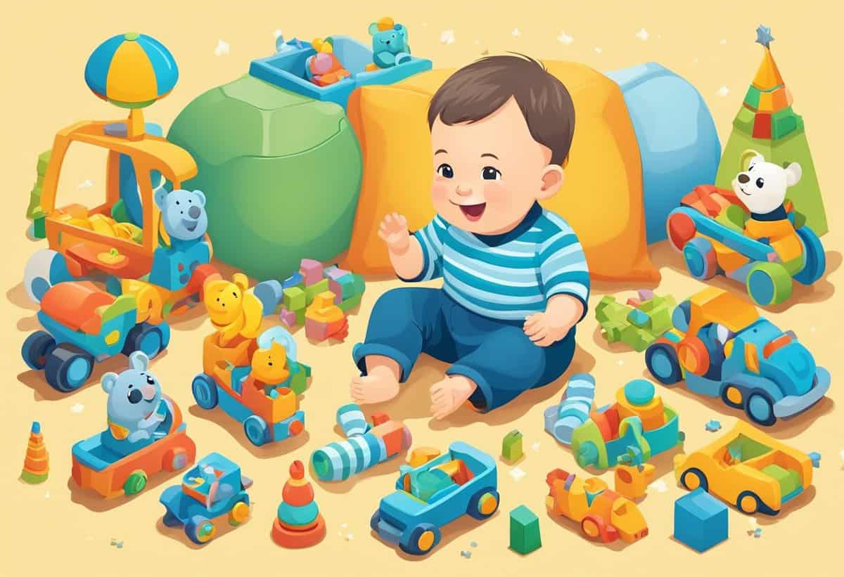 A cheerful toddler playing amidst a variety of colorful toys, including cars, blocks, and stuffed animals.