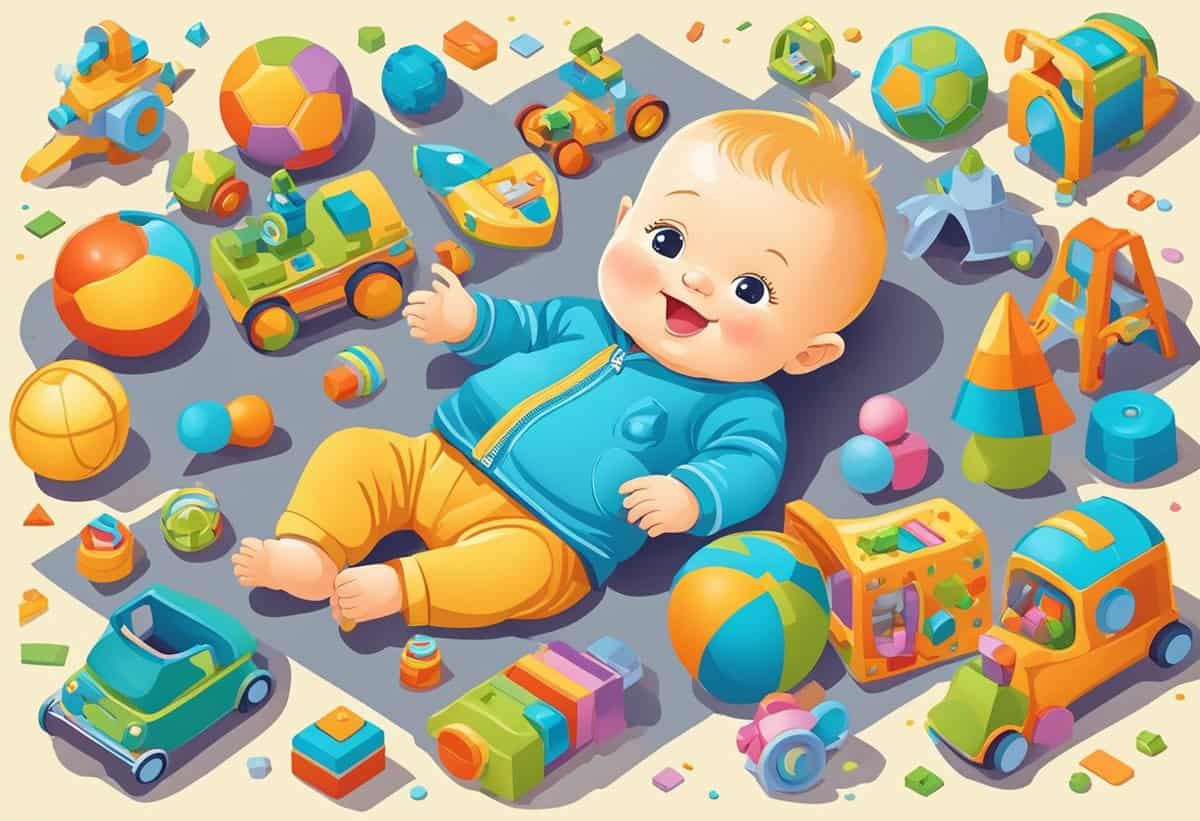 A baby surrounded by colorful toys, including balls, cars, and building blocks.