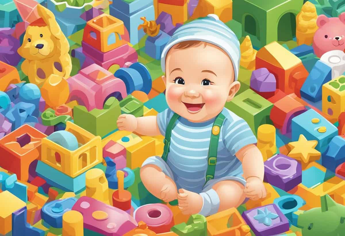 Baby surrounded by colorful building blocks and toys.