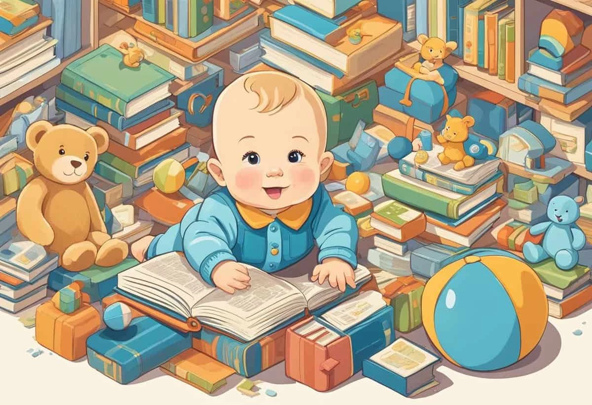 A cheerful baby surrounded by a plethora of books and toys.