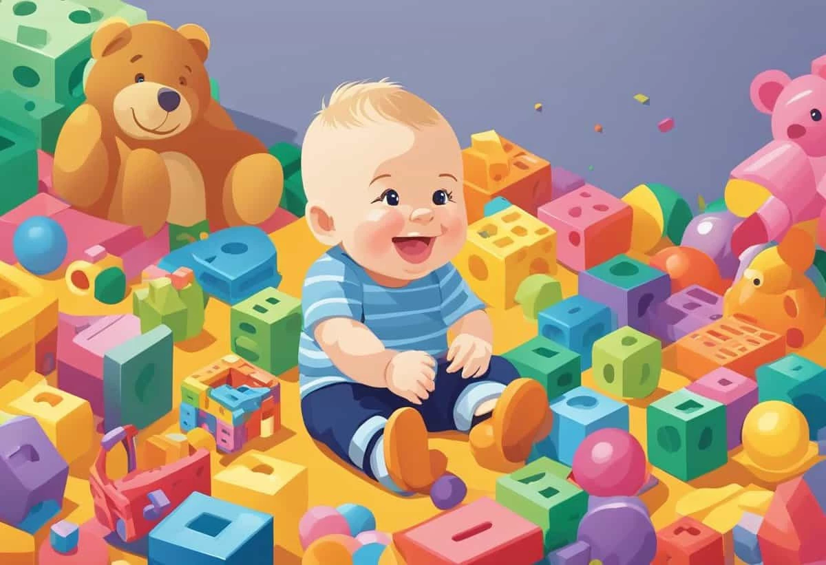 A cheerful baby surrounded by colorful toys and plush bears.